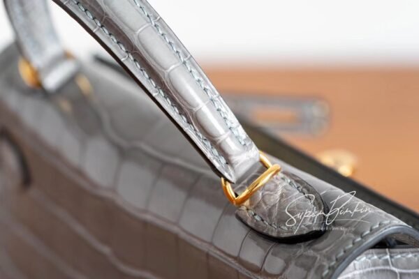 Full Handmade Mini Kelly ll 0V Gris Ciment Shiny Crocodile Gold Hardware