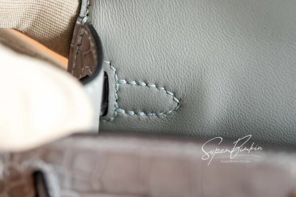 Full Handmade Mini Kelly ll 0V Gris Ciment Shiny Crocodile Gold Hardware