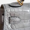 Full Handmade Mini Kelly ll 0V Gris Ciment Shiny Crocodile Gold Hardware