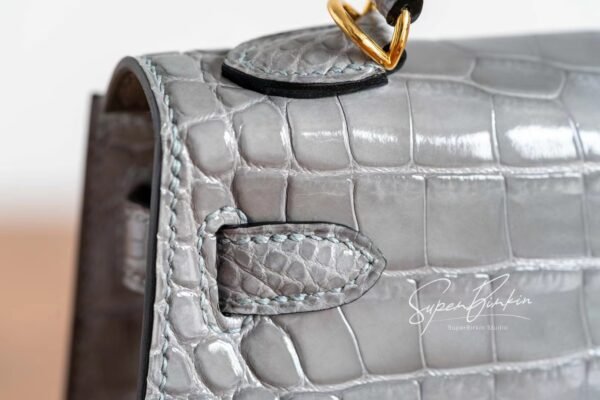 Full Handmade Mini Kelly ll 0V Gris Ciment Shiny Crocodile Gold Hardware