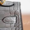 Full Handmade Mini Kelly ll 0V Gris Ciment Shiny Crocodile Gold Hardware