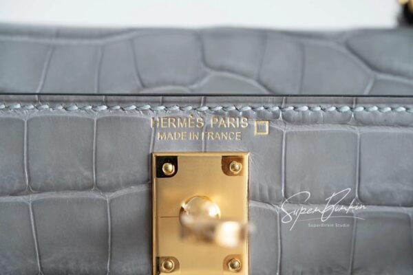 Full Handmade Mini Kelly ll 0V Gris Ciment Shiny Crocodile Gold Hardware
