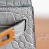 Full Handmade Mini Kelly ll 0V Gris Ciment Shiny Crocodile Gold Hardware