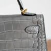 Full Handmade Mini Kelly ll 0V Gris Ciment Shiny Crocodile Gold Hardware