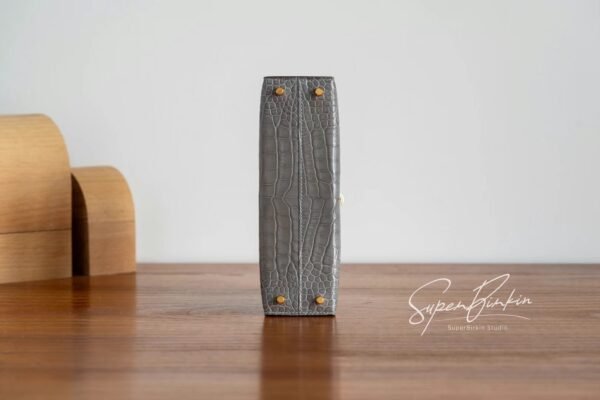 Full Handmade Mini Kelly ll 0V Gris Ciment Shiny Crocodile Gold Hardware
