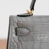 Full Handmade Mini Kelly ll 0V Gris Ciment Shiny Crocodile Gold Hardware