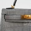 Full Handmade Mini Kelly ll 0V Gris Ciment Shiny Crocodile Gold Hardware
