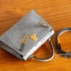 Full Handmade Mini Kelly ll 0V Gris Ciment Shiny Crocodile Gold Hardware