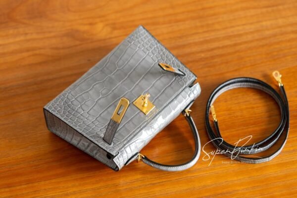 Full Handmade Mini Kelly ll 0V Gris Ciment Shiny Crocodile Gold Hardware