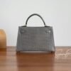 Full Handmade Mini Kelly ll 0V Gris Ciment Shiny Crocodile Gold Hardware