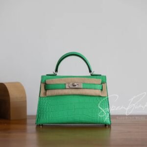 Hermes Mini Kelly ll Bag OZ Vert Comics Matter Crocodile Silver Hardware Full Handmade
