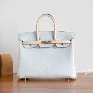 Hermes Special Order Birkin 25CM HandBag T0 Blue Brume/I2 Nata Chever Leather Rose Gold